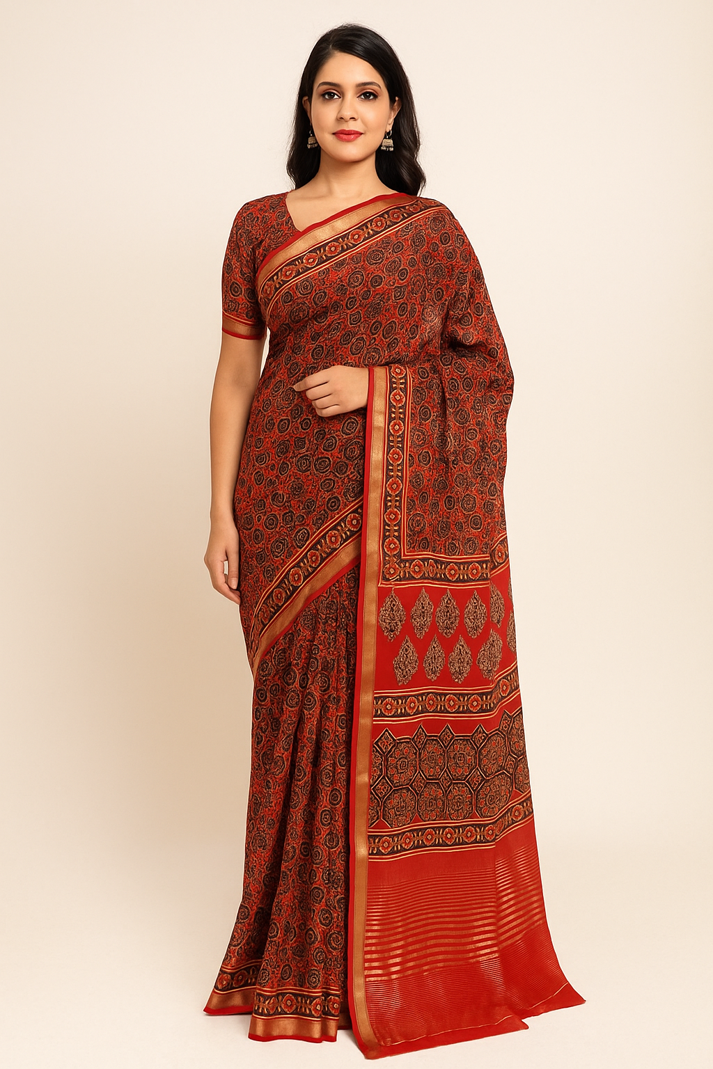 Dharohhar Women Cotton Blend Ajrak Printed Saree with Printed Unstitched Blouse Piece