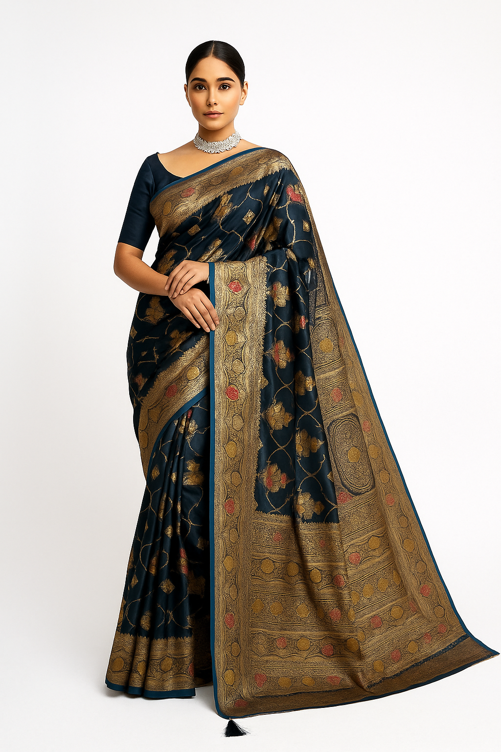 Dharohhar Women Silk Rajrani Saree with Classic Solid Design and Intricate Zari Meenakari Work | Perfect for Celebrations & Everyday Grace - Dark teal