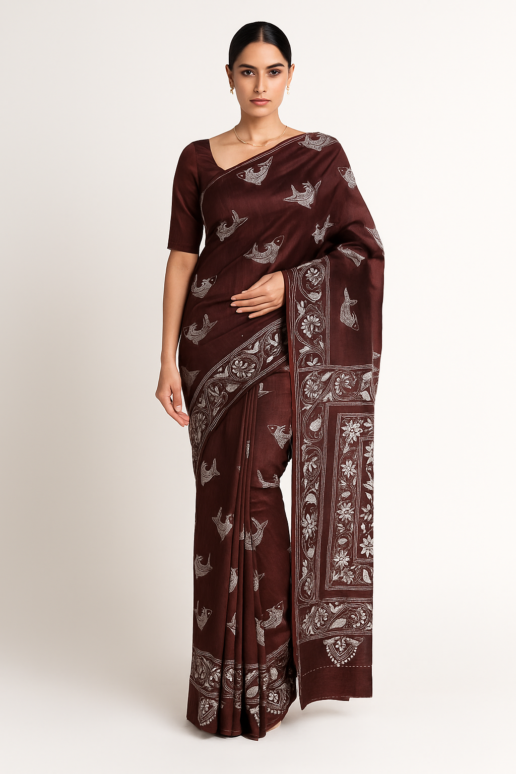 Maroon Bangalore Silk Saree with Handcrafted Kantha Stitch