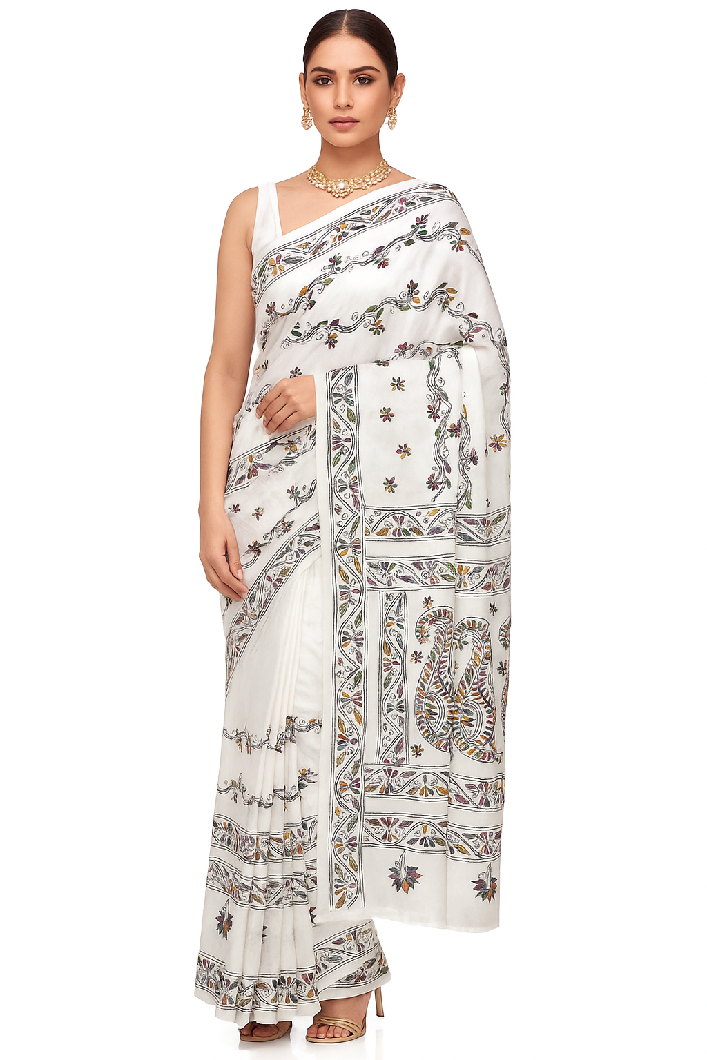 White Bangalore Silk Traditional Saree with Handcrafted Kantha Stitch