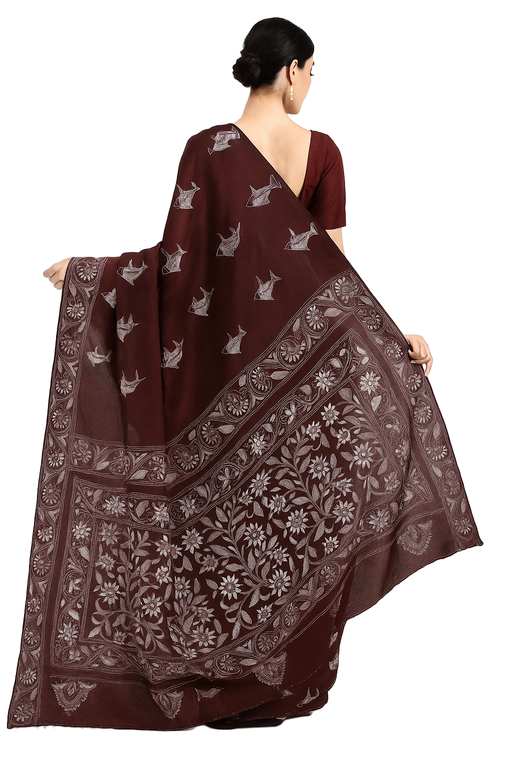 Maroon Bangalore Silk Saree with Handcrafted Kantha Stitch
