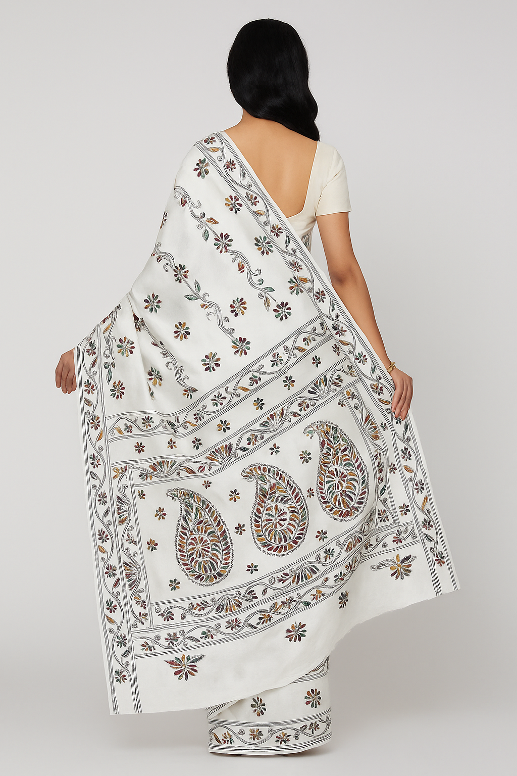 White Bangalore Silk Traditional Saree with Handcrafted Kantha Stitch