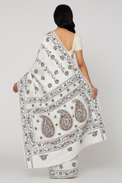 White Bangalore Silk Traditional Saree with Handcrafted Kantha Stitch