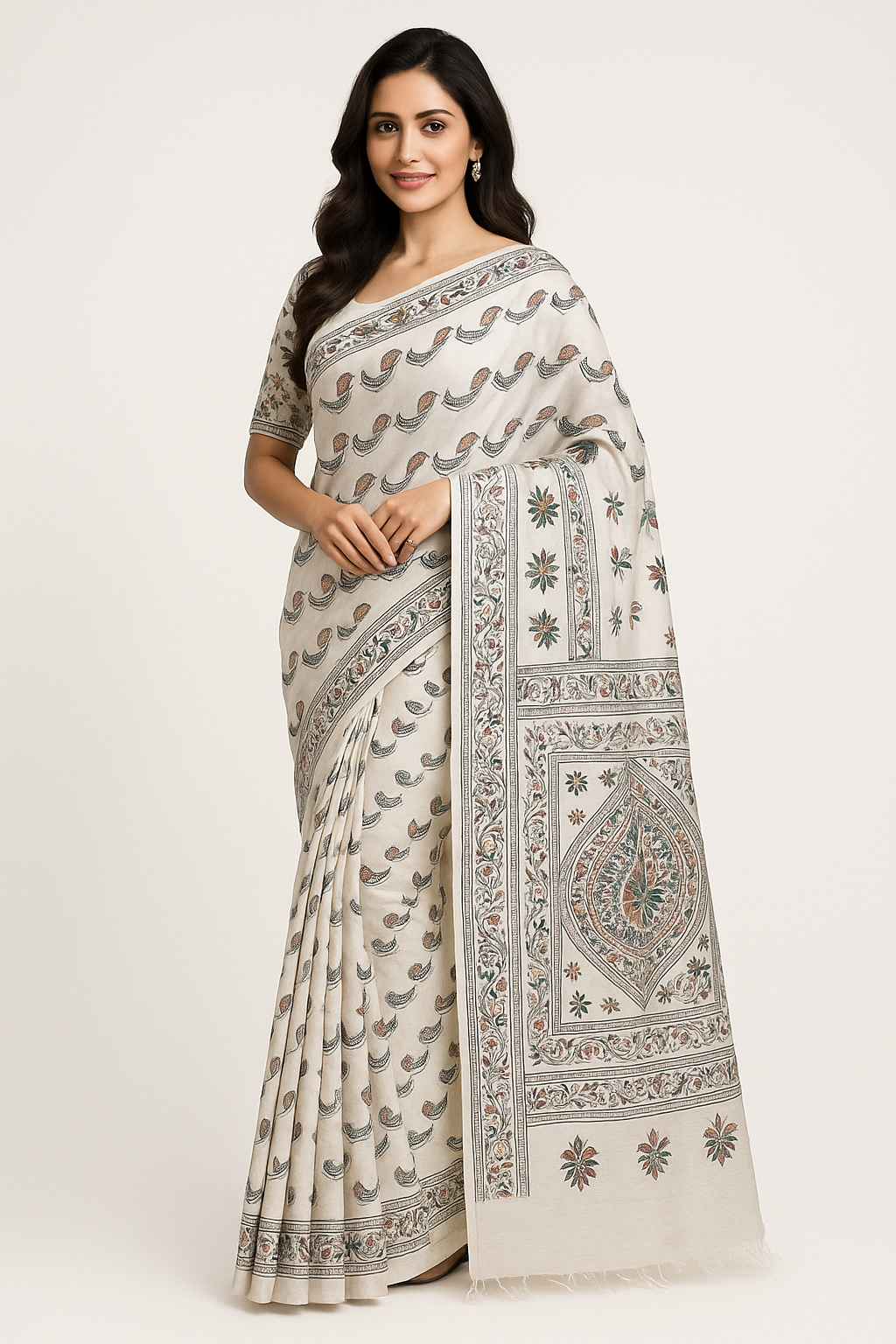 Off-White Bangalore Silk Saree with Handcrafted Kantha Stitch