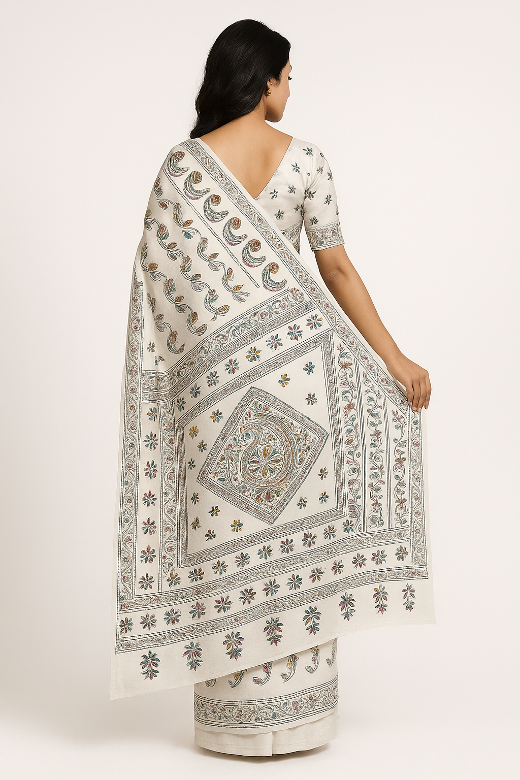 Off-White Bangalore Silk Saree with Handcrafted Kantha Stitch