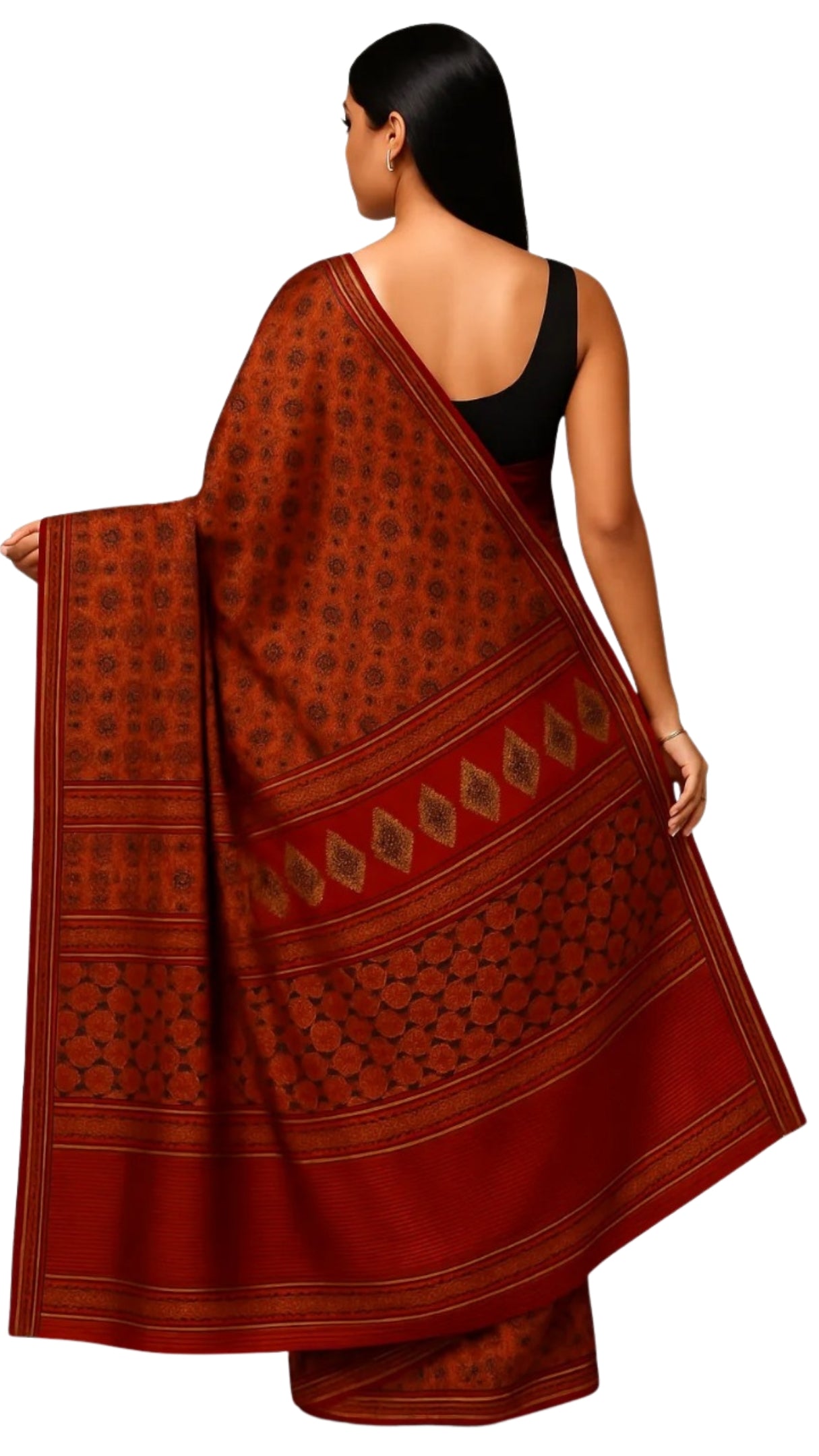 Dharohhar Women Cotton Blend Ajrak Printed Saree with Printed Unstitched Blouse Piece | Summer Special Traditional Sari | Everyday/Festive Sari - Maroon