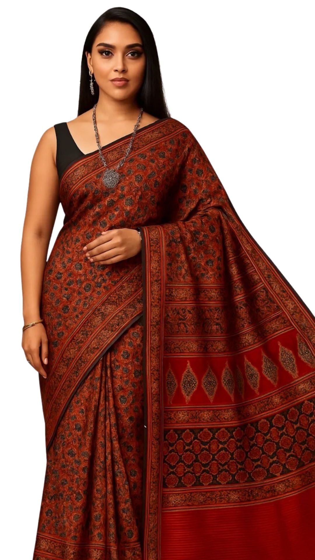 Dharohhar Women Cotton Blend Ajrak Printed Saree with Printed Unstitched Blouse Piece | Summer Special Traditional Sari | Everyday/Festive Sari - Maroon