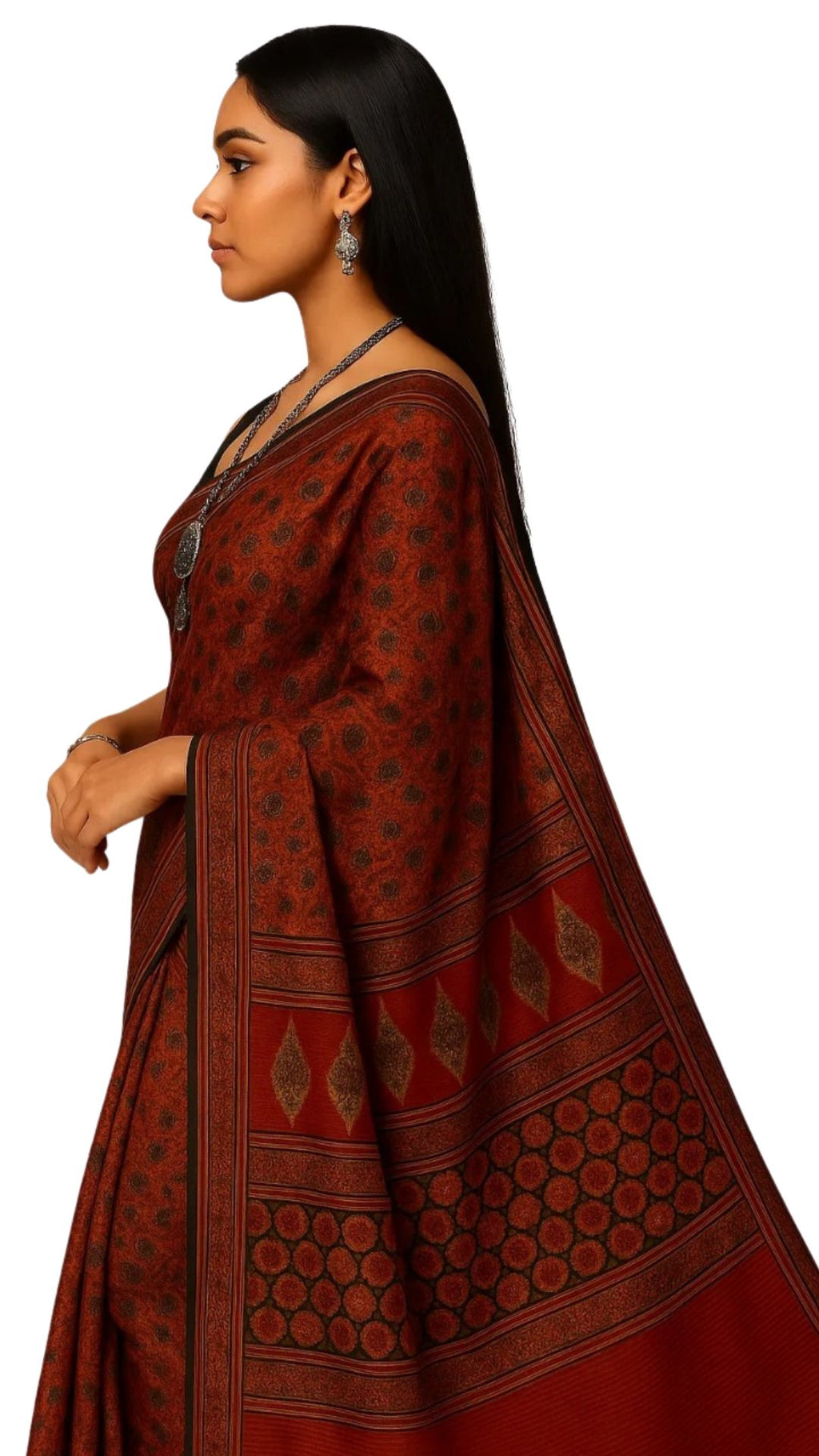 Dharohhar Women Cotton Blend Ajrak Printed Saree with Printed Unstitched Blouse Piece | Summer Special Traditional Sari | Everyday/Festive Sari - Maroon