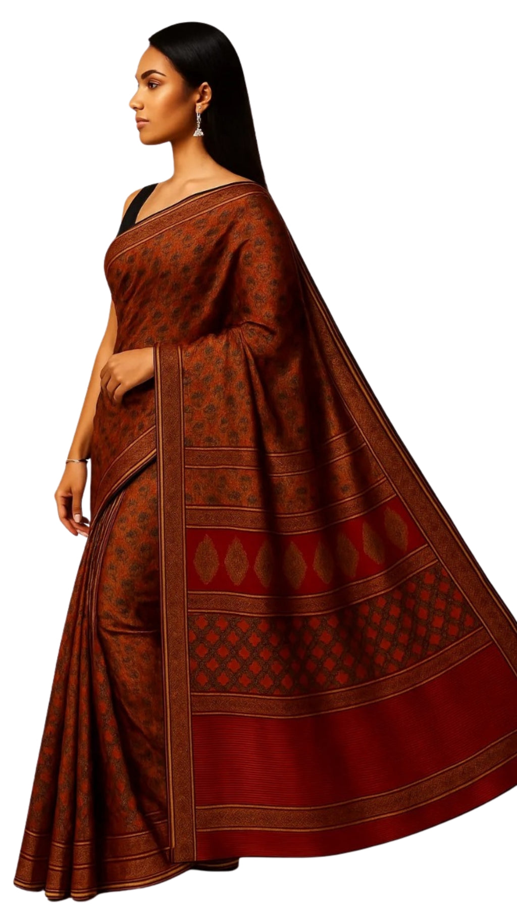 Dharohhar Women Cotton Blend Ajrak Printed Saree with Printed Unstitched Blouse Piece | Summer Special Traditional Sari | Everyday/Festive Sari - Maroon