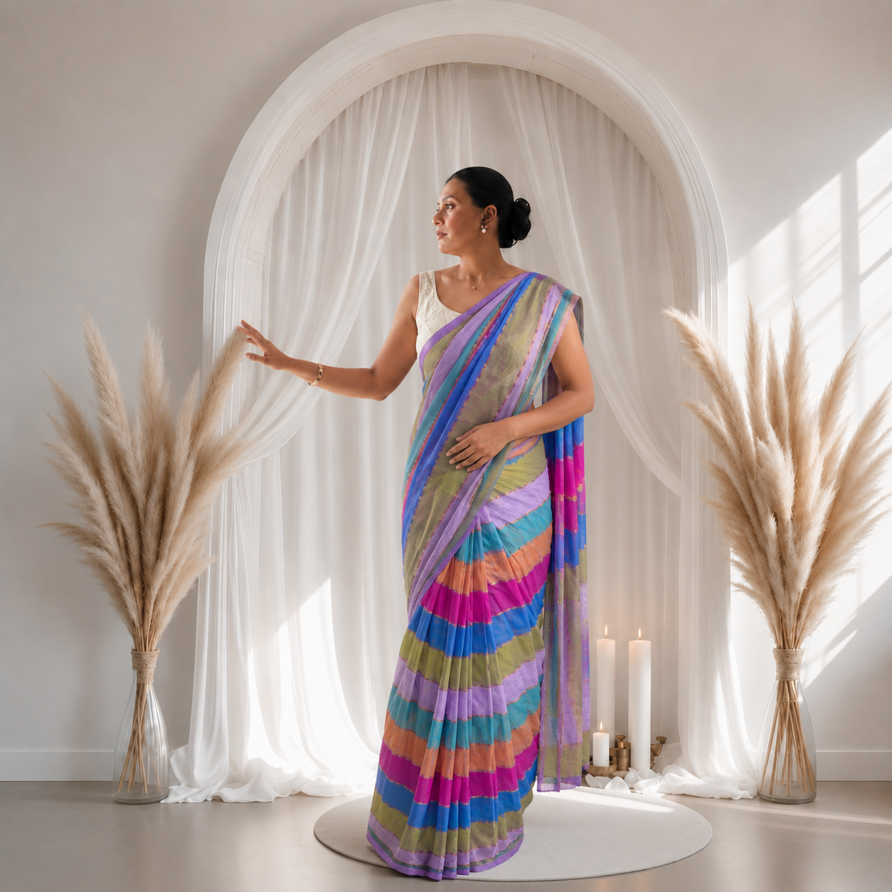 Grey Striped Mul Cotton Saree