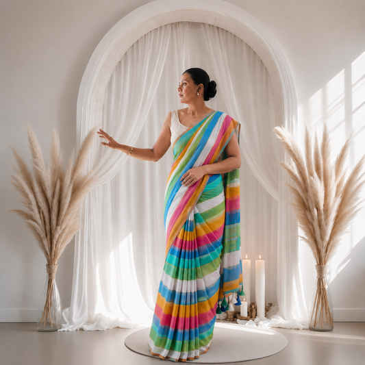 White Striped Mul Cotton Saree