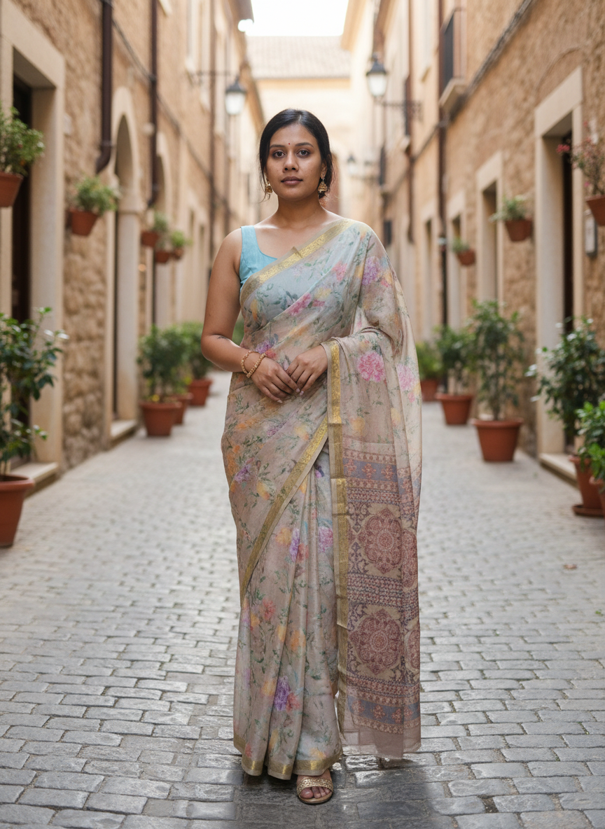 Floral Print Pure Silk Saree