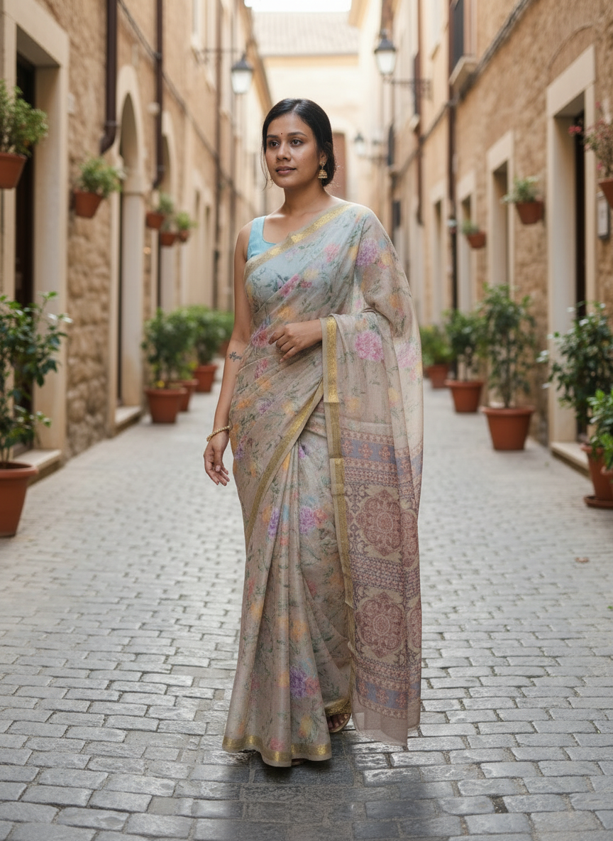 Floral Print Pure Silk Saree