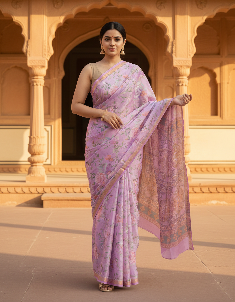 Floral Print Pure Silk Saree