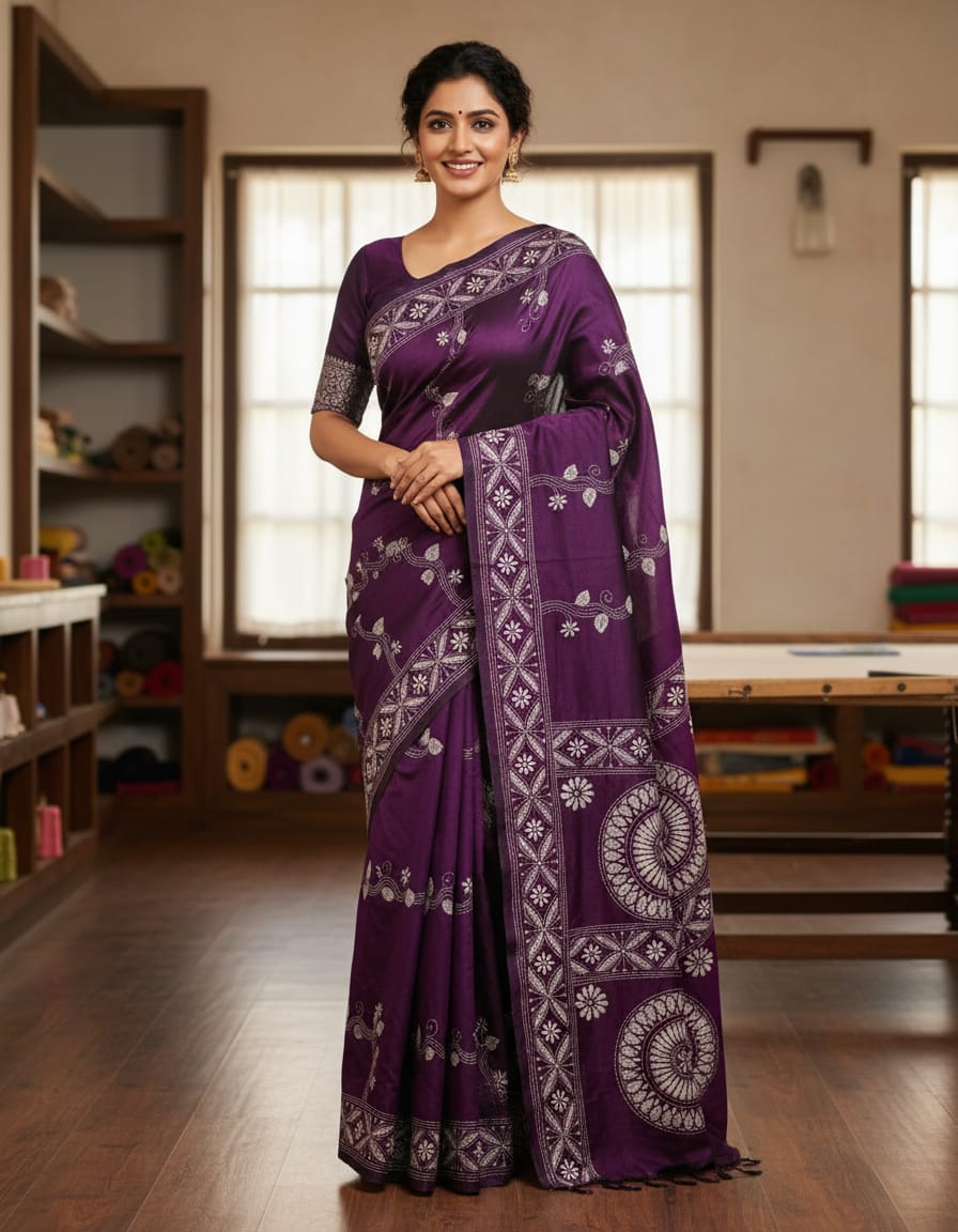 Wine Bangalore Silk Traditional Saree with Handcrafted Kantha Stitch