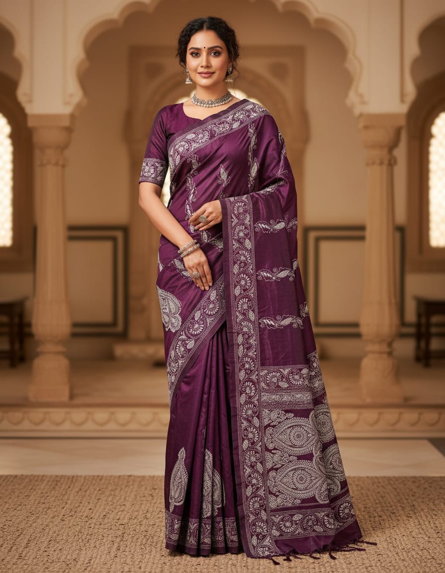 Wine Bangalore Silk Traditional Saree with Handcrafted Kantha Stitch