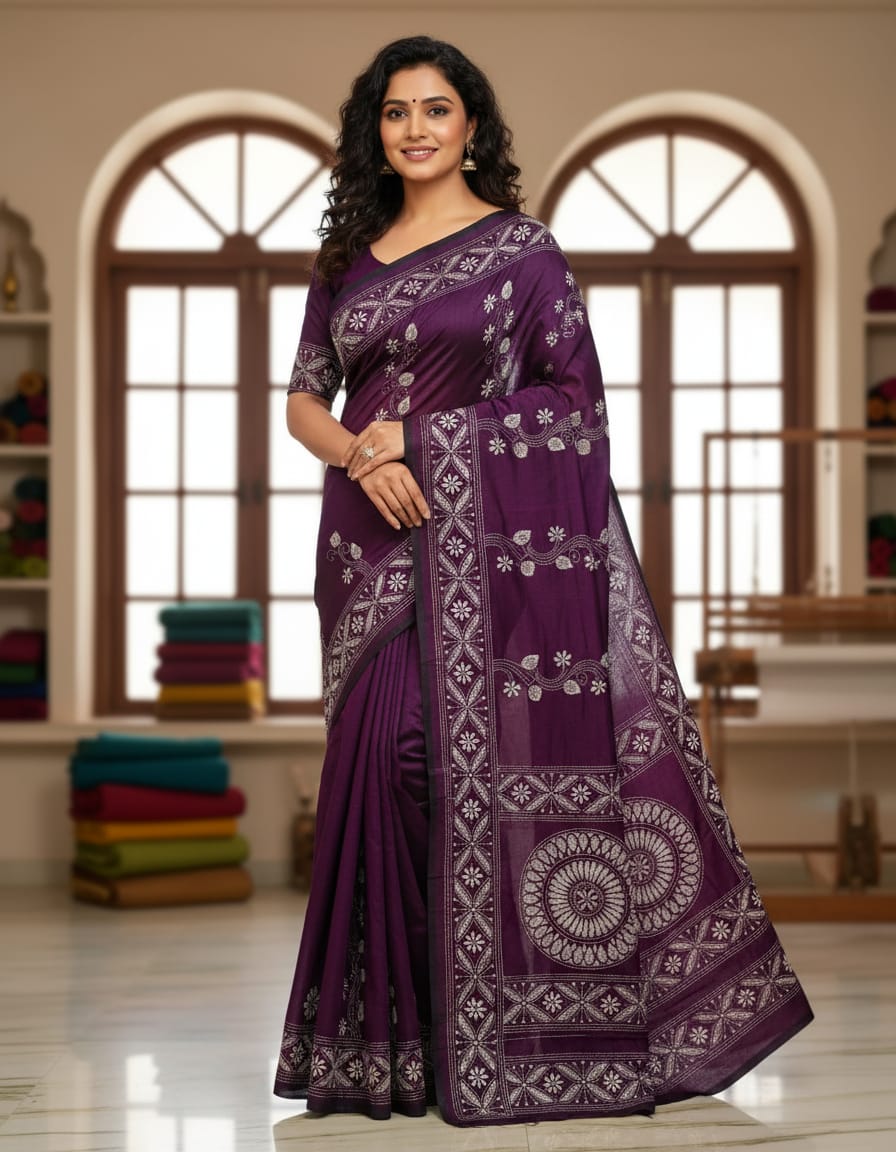 Wine Bangalore Silk Traditional Saree with Handcrafted Kantha Stitch
