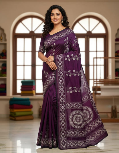 Wine Bangalore Silk Traditional Saree with Handcrafted Kantha Stitch