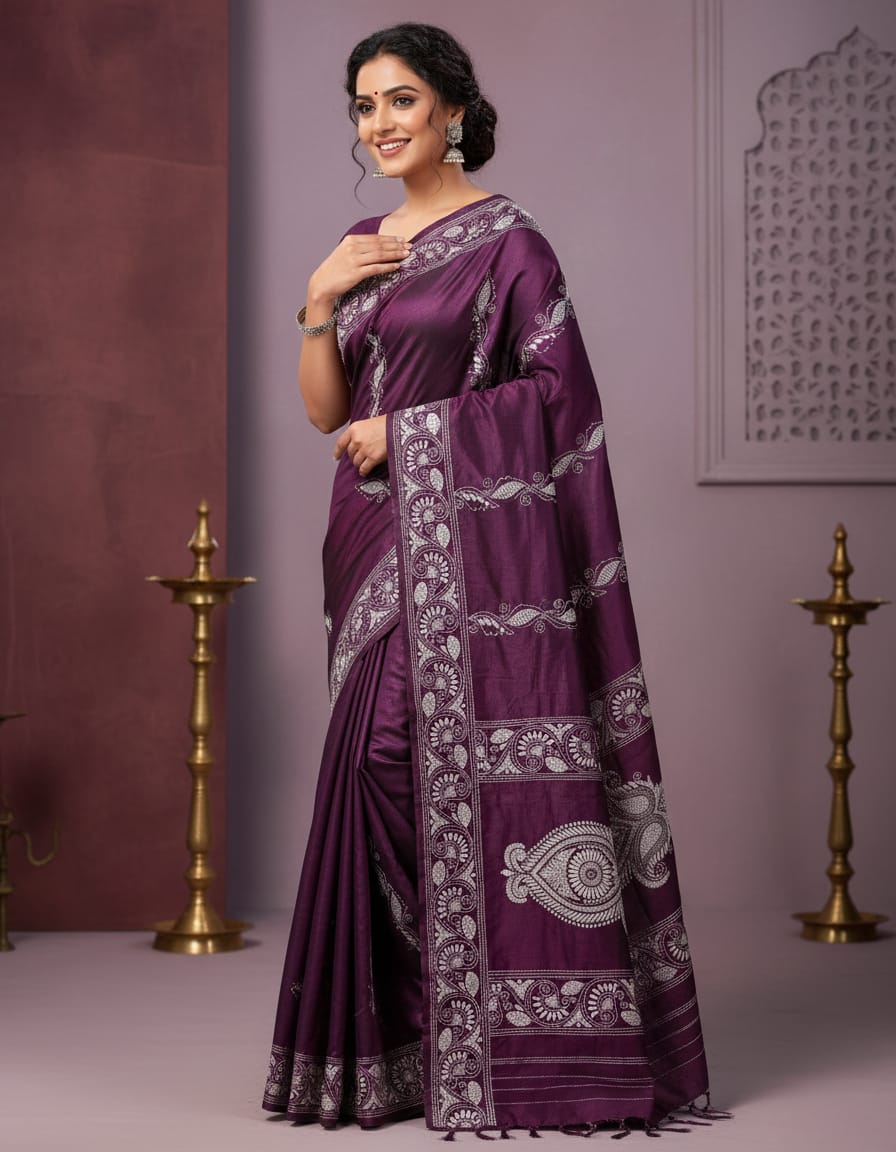 Wine Bangalore Silk Traditional Saree with Handcrafted Kantha Stitch