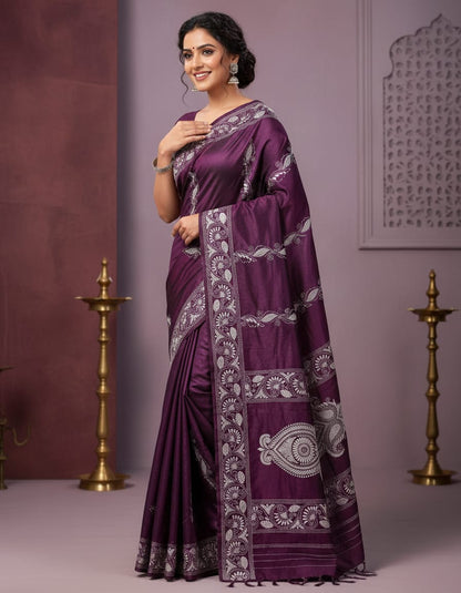 Wine Bangalore Silk Traditional Saree with Handcrafted Kantha Stitch