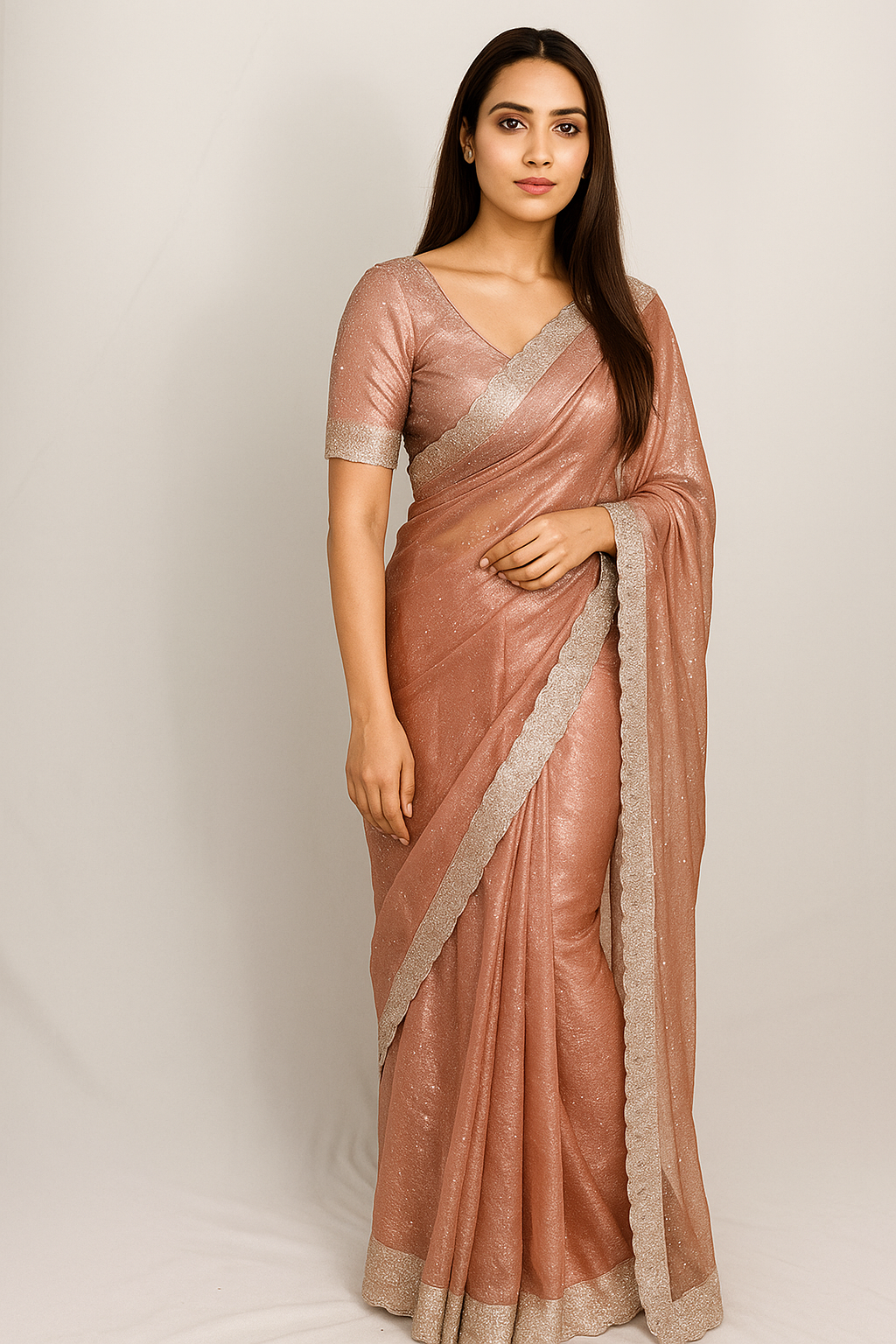 Dharohhar Designer Chiffon Saree with Luxe Jimmy Choo-Inspired Finish