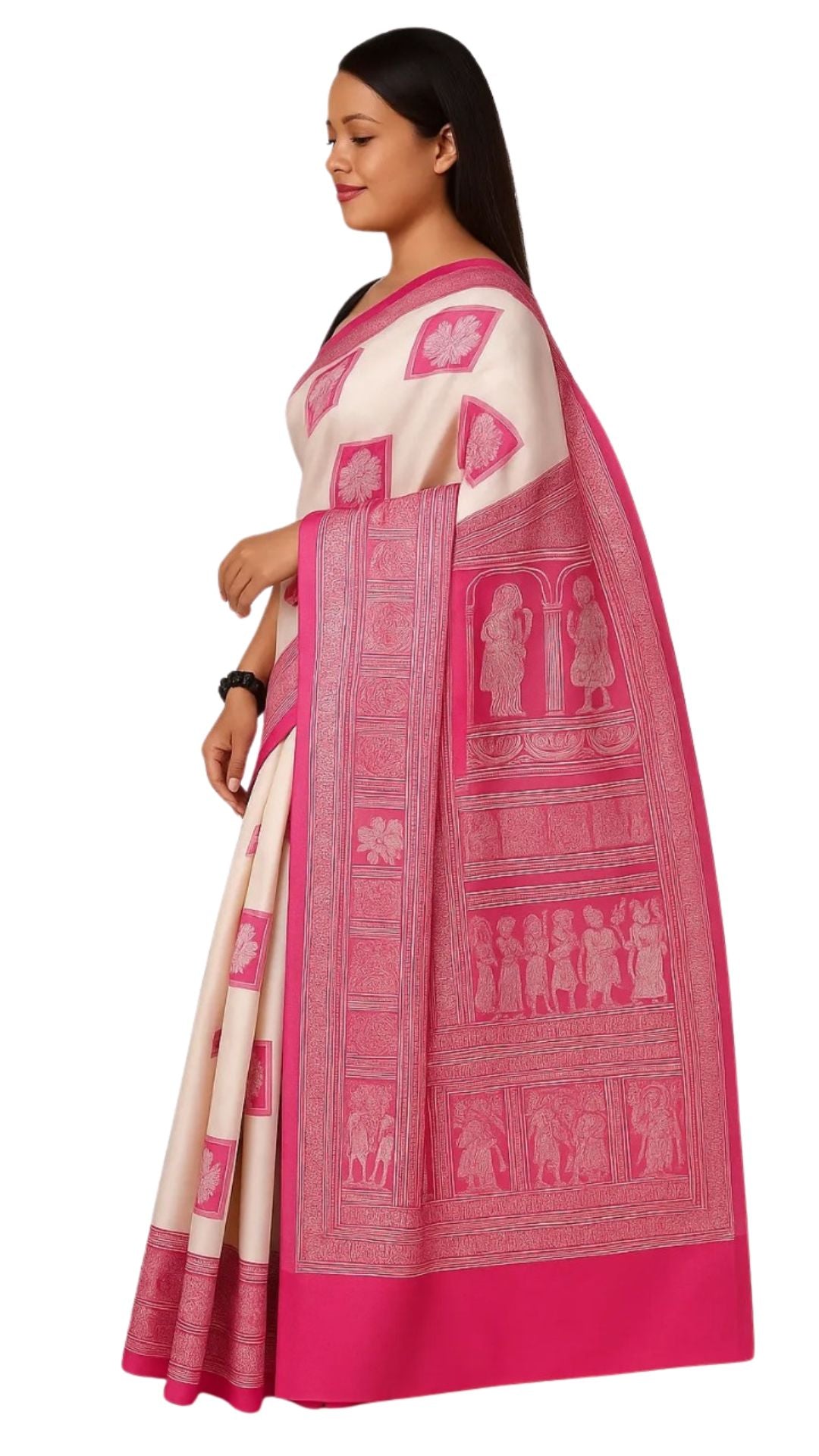 Dharohhar  Lilabali Handcrafted Baluchari Silk Saree- White