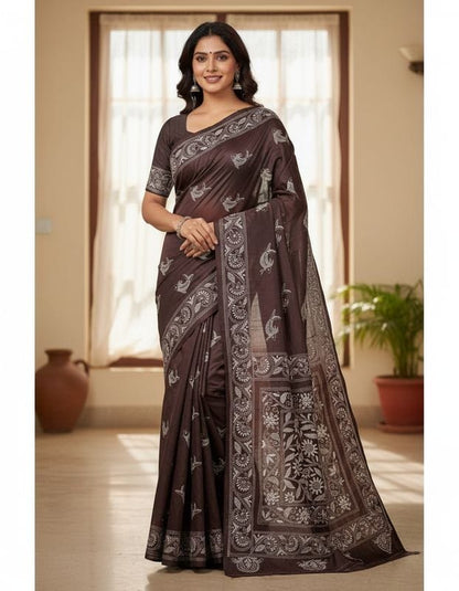 Maroon Bangalore Silk Saree with Handcrafted Kantha Stitch