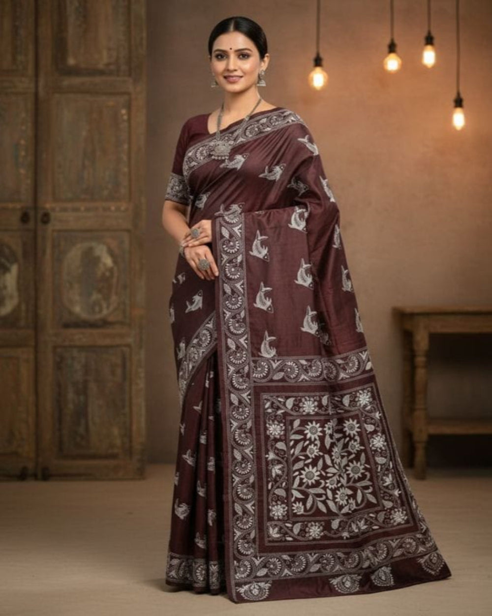 Maroon Bangalore Silk Saree with Handcrafted Kantha Stitch