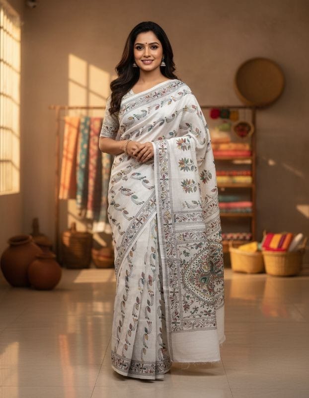 Off-White Bangalore Silk Saree with Handcrafted Kantha Stitch