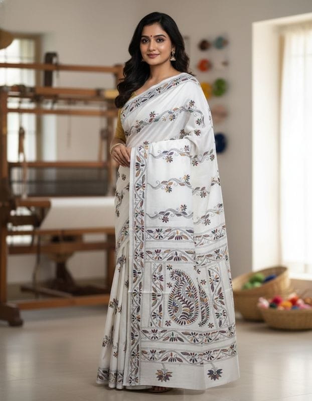 White Bangalore Silk Traditional Saree with Handcrafted Kantha Stitch