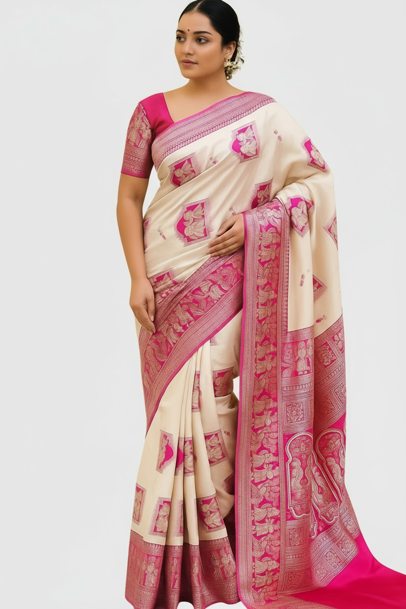 Dharohhar  Lilabali Handcrafted Baluchari Silk Saree- White