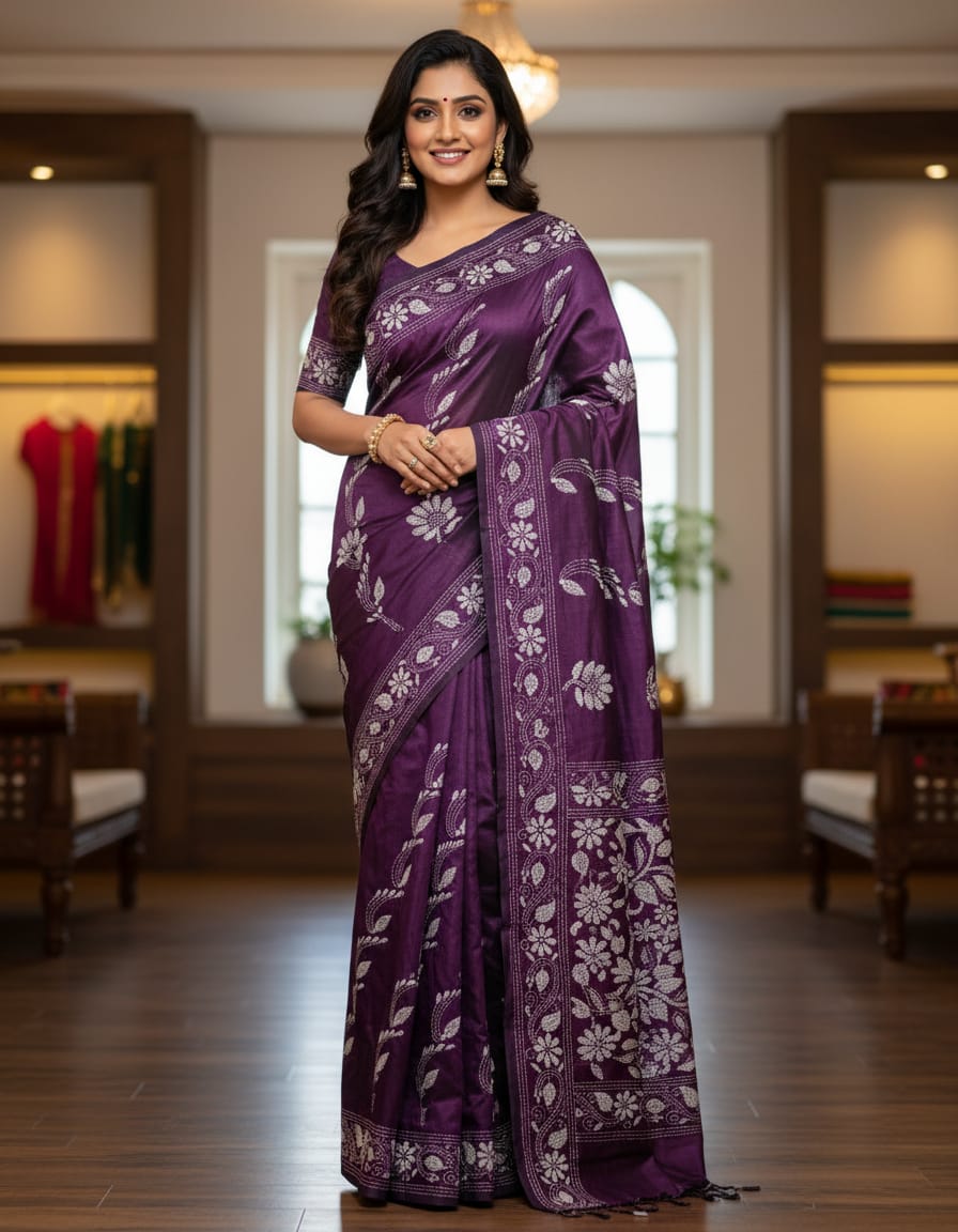 Wine Bangalore Silk Traditional Saree with Handcrafted Kantha Stitch