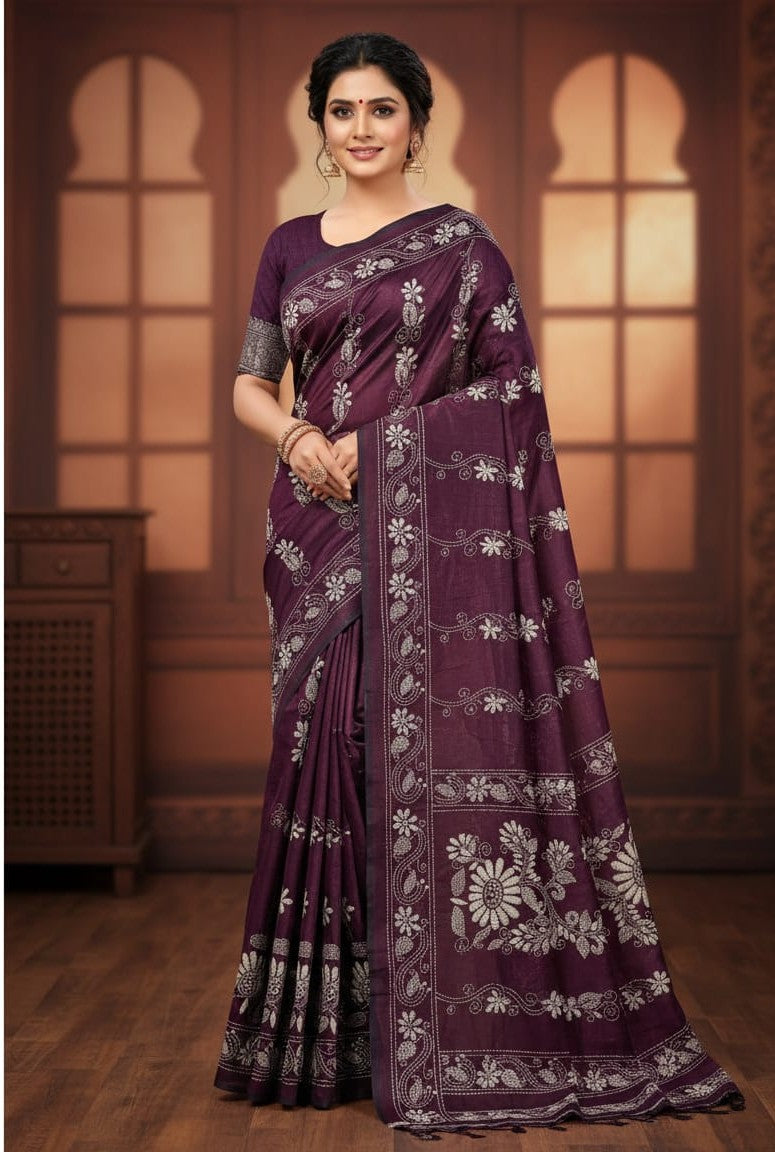 Wine Bangalore Silk Traditional Saree with Handcrafted Kantha Stitch